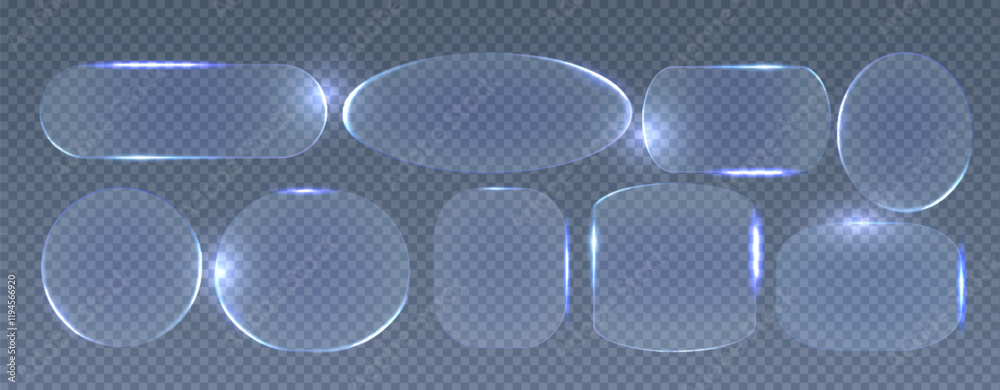 Neon glass frame collection with luminescent geometric elements - blue translucent shapes with radiant borders on dark backdrop. Various rectangle, circle and rounded designs with glowing edges.