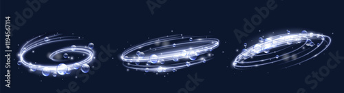 Bubble swirl effect designs with transparent circular shapes, glowing blue edges and floating spheres. Luminous spiral patterns of underwater movement illusion for laundry and body care design.