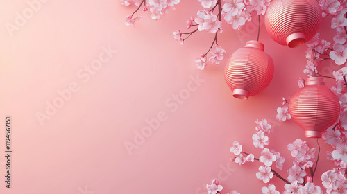 Chinese New Year Celebration with Lanterns, Sakura Flowers, and Elegant Copy Space Design photo