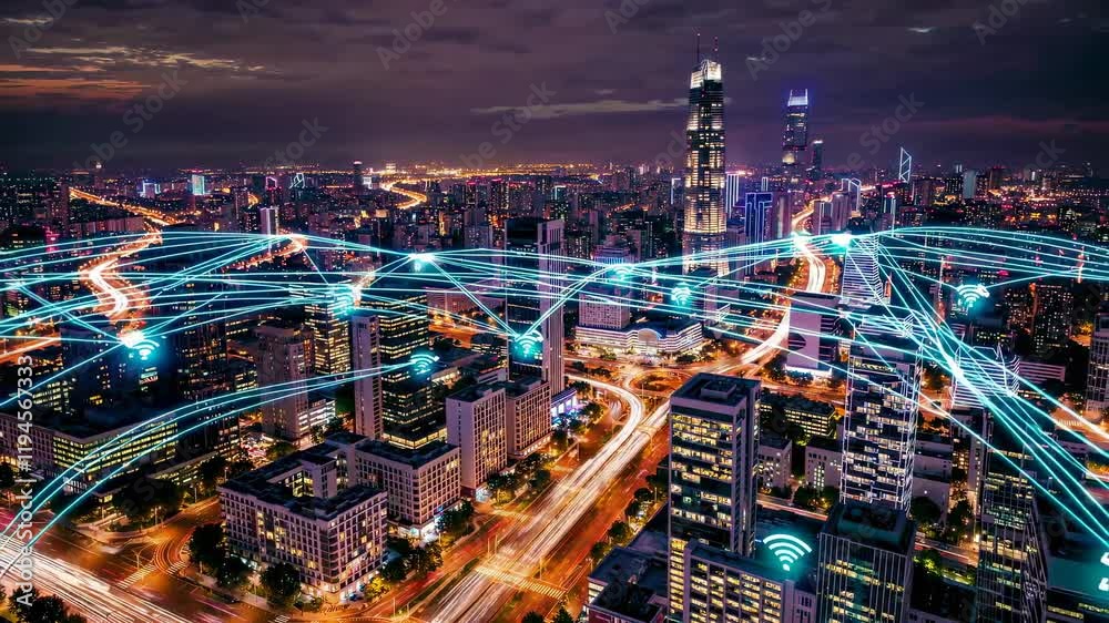 custom made wallpaper toronto digitalCity skyline at night with illuminated buildings and traffic lines in a busy urban environment