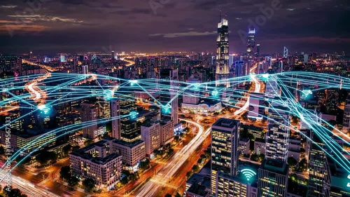 Wallpaper Mural City skyline at night with illuminated buildings and traffic lines in a busy urban environment Torontodigital.ca