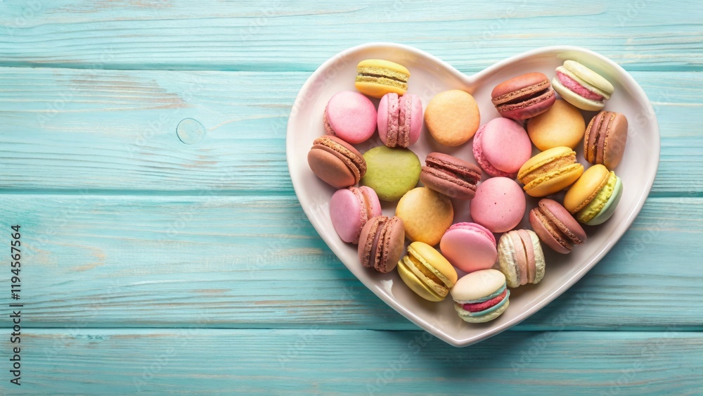 Colorful Macarons in Heart Plate on Blue Surface Colorful Macarons in Heart Plate on Blue Surface