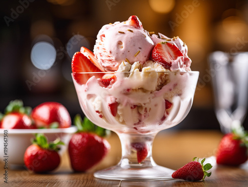 Strawberry Milkshake with Whipped Cream and Fresh Strawberries efreshing sorbet served in a fancy glass bowl, garnished with mint leaves and berries
 photo