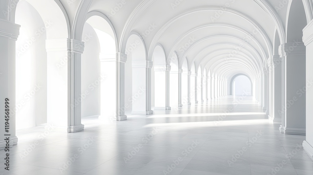 Sunlit arched hallway, grand architecture, bright interior, pathway