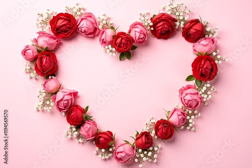 Roses florales en forme de coeur avec un design élégant, espace de copie pour le texte. Roses florales romantiques disposées en forme de coeur avec un grand espace de copie pour votre message, parfait