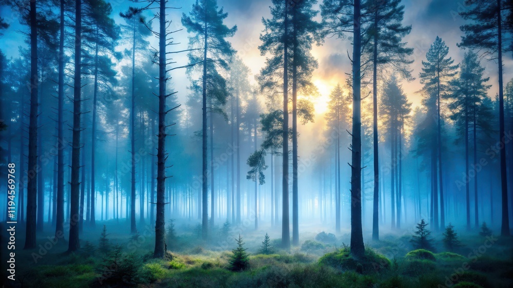 Moody forest at dusk with tall trees and misty fog, mist, twilight Moody forest at dusk with tall trees and misty fog, mist, twilight