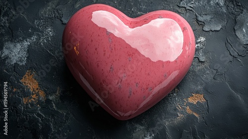 Shiny heart-shaped cake on dark rustic background photo