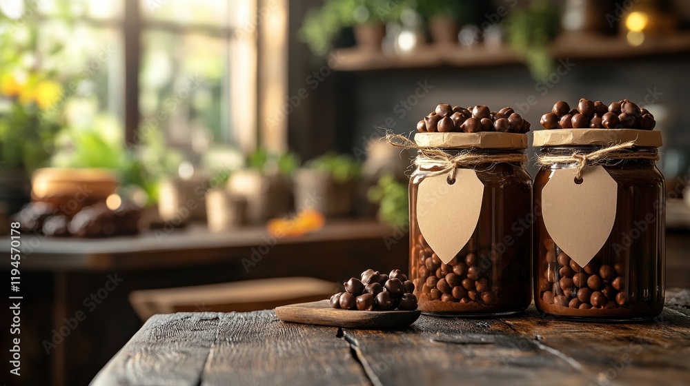 Homemade chocolate spread in rustic jars with nuts on wooden kitchen table