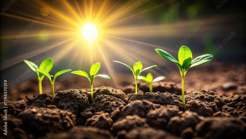 Fototapeta premium Fresh green sprouts growing in a dark soil with sunlight peeking through a small crack, soil, vegetation, soil, vegetation