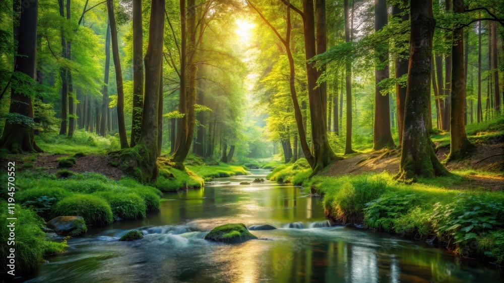 Obraz premium A tranquil forest scene with a gentle stream flowing through the underbrush surrounded by vibrant greenery and towering trees , tree surroundings, water flow