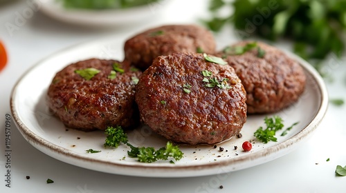 Ground beef cutlet ready to cook, white background, front angle, showing realistic fat distribution and fresh color  photo