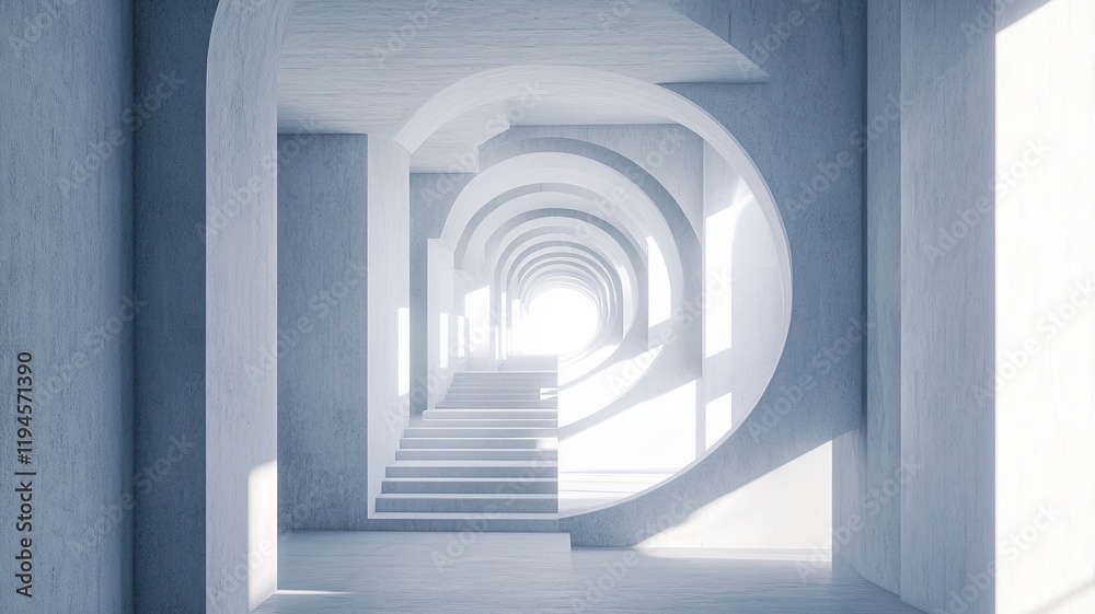 Fototapeta premium Light-filled arched hallway, stairs, design