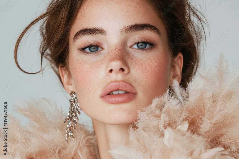 Beautiful freckled model posing with feather boa and earrings Beautiful freckled model posing with feather boa and earrings