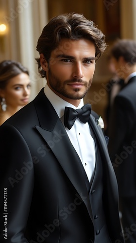 Handsome groom in black tuxedo. photo