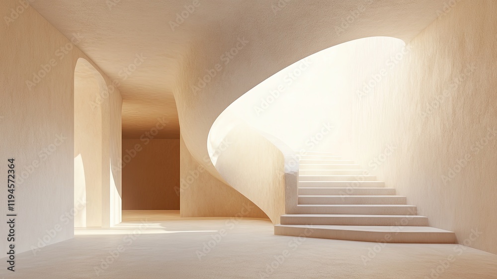 Naklejka premium Sunlit spiral staircase in beige modern building