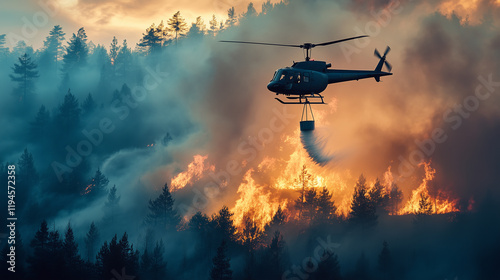 helicopter in flight puts out a fire