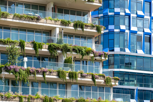 This image features a juxtaposition of colorful architectural elements in an urban setting, emphasizing the relationship between nature, colors, and modern design. photo