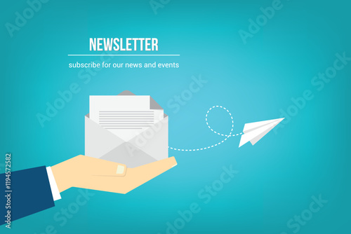 Newsletter. vector illustration of email marketing. subscription to newsletter, news, offers, promotions. a letter and envelope. subscribe, submit. send by mail.	
