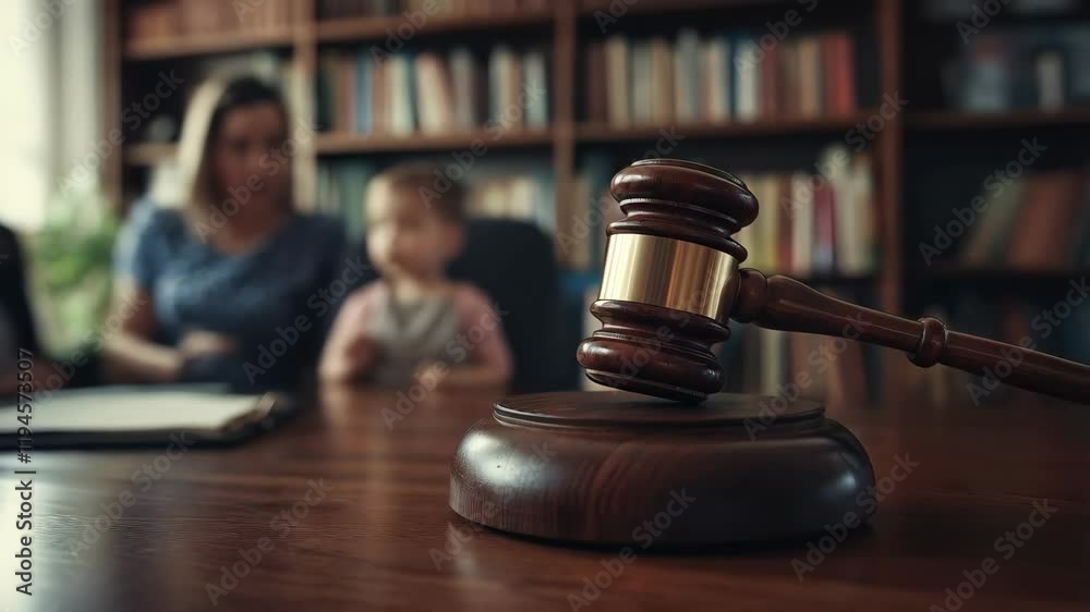 close up of a legal judge gavel in office, family on the background, 