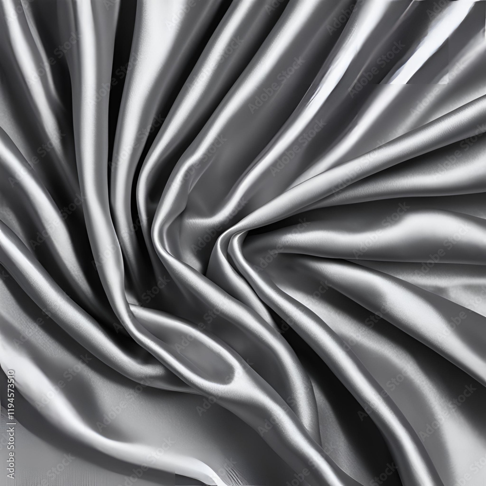Obraz premium A close-up of silver satin fabric with smooth, flowing folds, reflecting light and showcasing its luxurious and shiny texture.