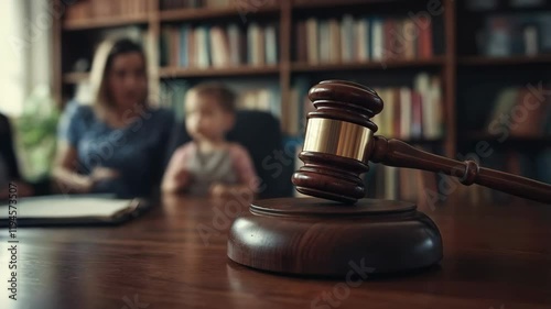 close up of a legal judge gavel in office, family on the background, 