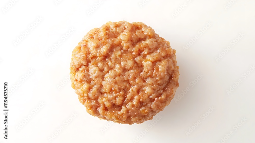 High-definition macro of a ground chicken patty, floating on a white background, hyper-detailed meaty texture 