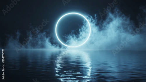 Neon circular arch frame with smoke over water surface with reflections. Realistic vector illustration of bright ring border with fog. Glowing round magic portal or product presentation template.