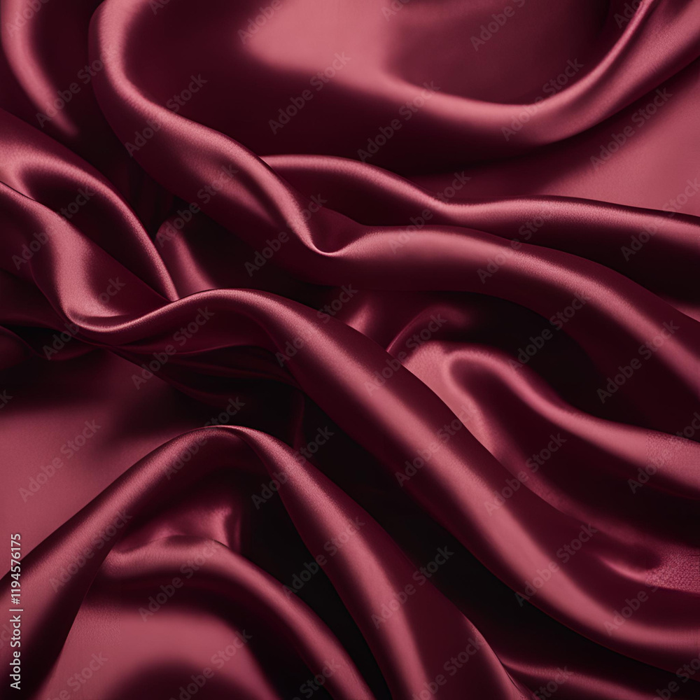 Obraz premium Luxurious burgundy satin fabric with rich, flowing folds and a smooth, glossy texture, ideal for elegant fashion, home decor, or artistic backgrounds.
