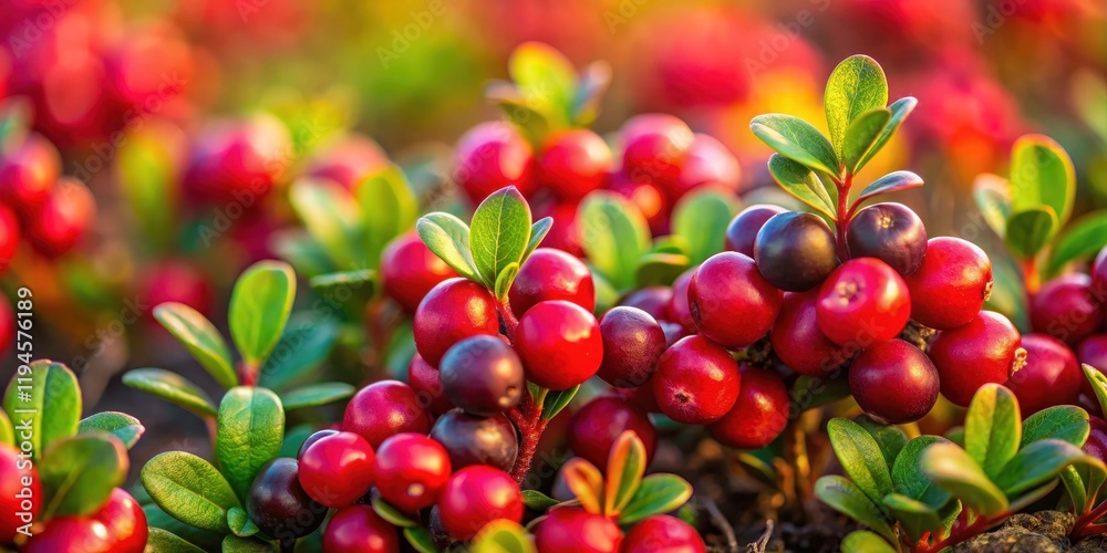 Close-up of vibrant red cowberries growing in the tundra, close-up shot , plant life Close-up of vibrant red cowberries growing in the tundra, close-up shot , plant life