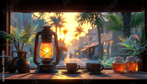 Ornamental Arabic beautiful lantern with candle at night