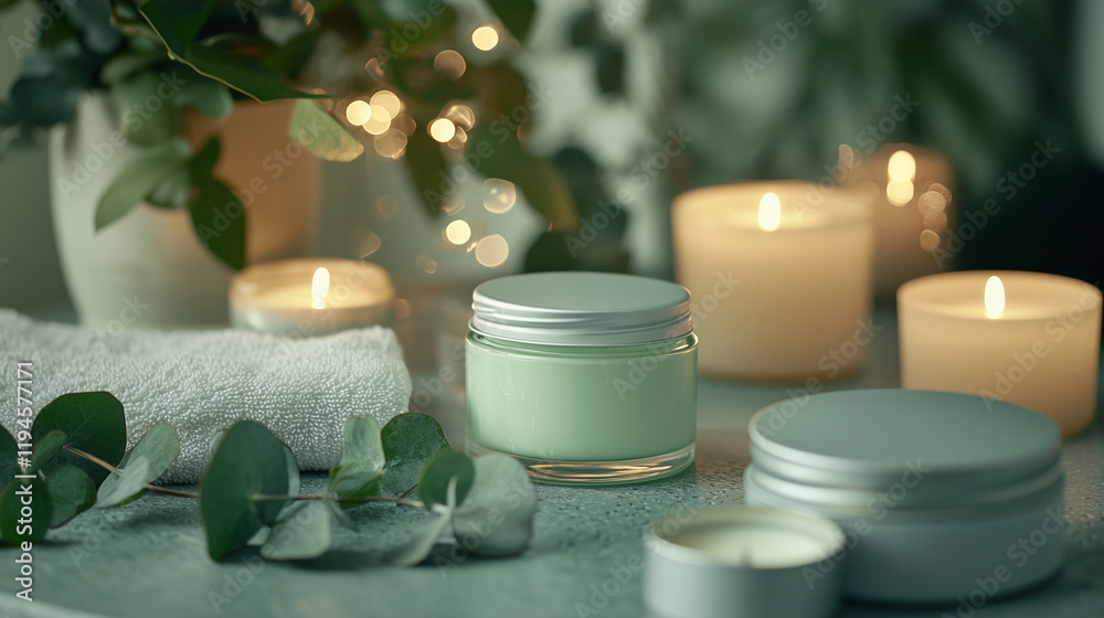 A serene spa-like setting with cosmetic products in glass jars, surrounded by candles, fresh eucalyptus leaves, and a soft towel, creating a calming, peaceful atmosphere for relaxation and self-care A serene spa-like setting with cosmetic products in glass jars, surrounded by candles, fresh eucalyptus leaves, and a soft towel, creating a calming, peaceful atmosphere for relaxation and self-care