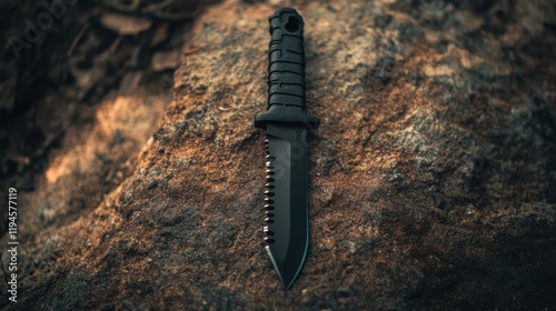 A tactical survival knife with a serrated edge and matte black finish, photographed on a rough stone surface with a rugged, adventure-ready aesthetic photo