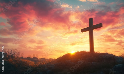 Wooden cross on a hill sky symbol nature. photo