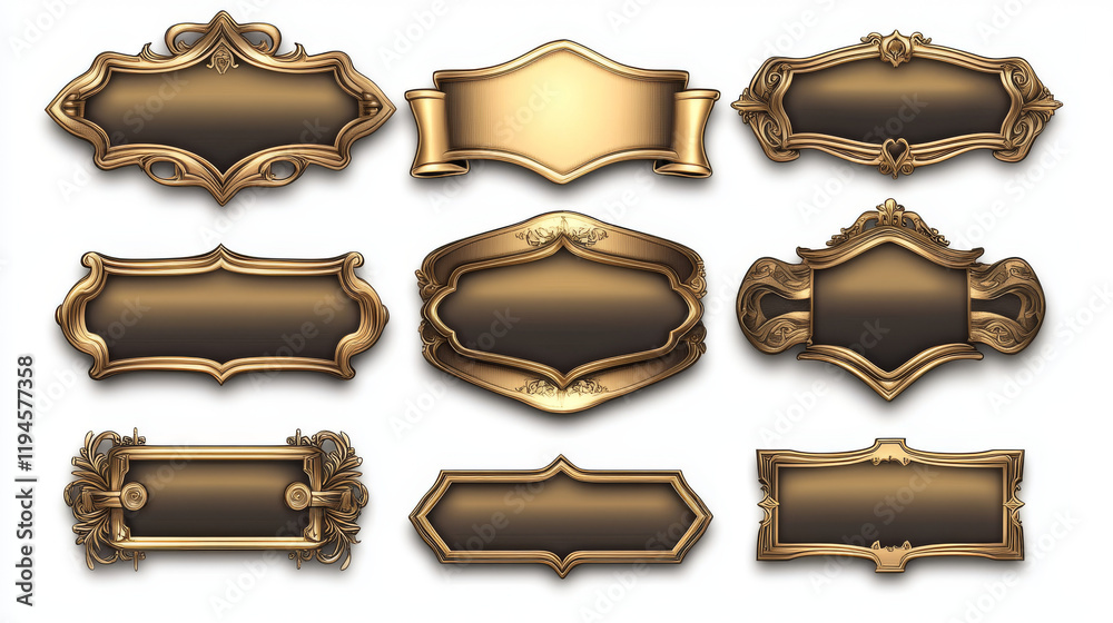 Medieval buttons, ui game menu elements, gold metal oblong banners and ornate rims. Empty royal gui bars for rpg or arcade, golden borders, web design interface Cartoon 3d vector illustration, set Medieval buttons, ui game menu elements, gold metal oblong banners and ornate rims. Empty royal gui bars for rpg or arcade, golden borders, web design interface Cartoon 3d vector illustration, set