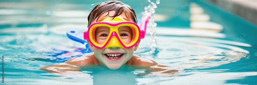 Naklejka premium A smiling child wearing bright pink and yellow goggles plays in a pool, holding onto the edge. Clear water, cheerful vibes, and summer fun