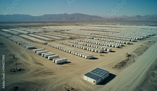 Aerial view of a vast desert worker's camp with numerous white containers and solar panels.