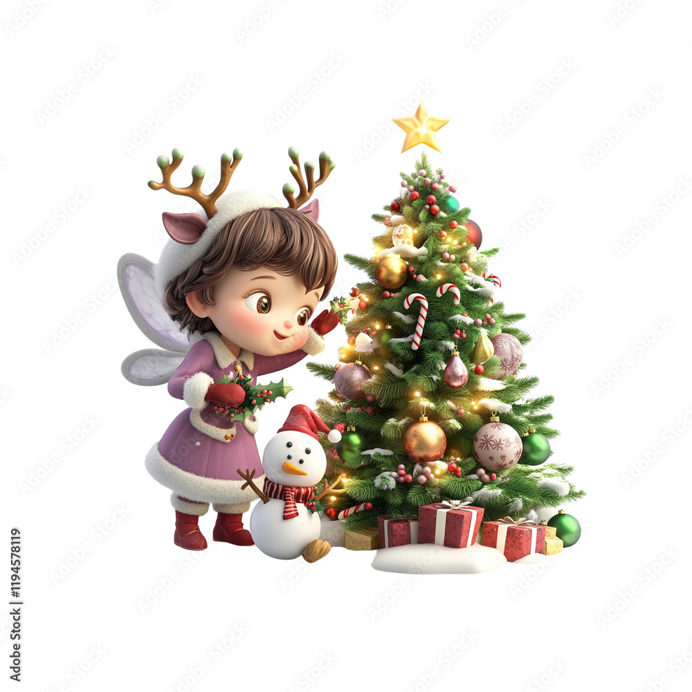 Adorable 3D Render of a Little Girl Decorating a Christmas Tree with a Snowman Adorable 3D Render of a Little Girl Decorating a Christmas Tree with a Snowman