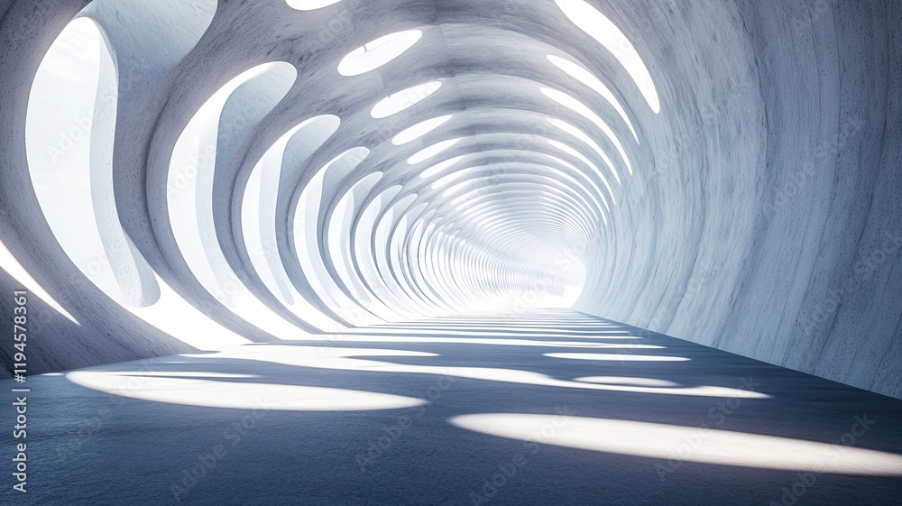 Obraz premium Concrete spiral tunnel, futuristic design, bright light, background sky, architectural concept
