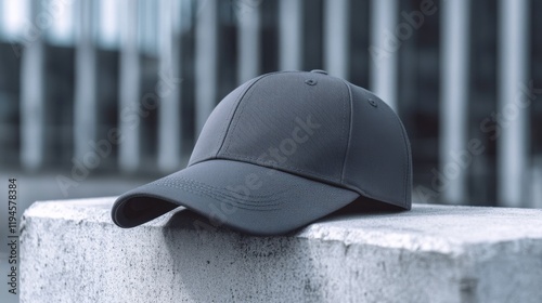 A trendy men's baseball cap in a modern colorway, showcasing clean lines and a sleek minimalist logo, set on a concrete surface with urban styling photo