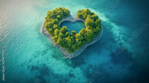 Aerial view of heart shaped island in turquoise ocean. Tropical island hopping.