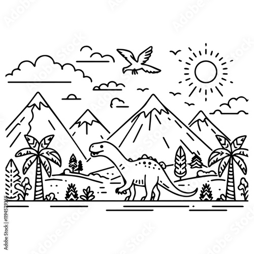 line art dinosaur, mountains and trees coloring page vector simple