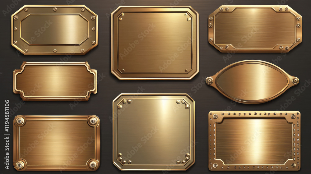 Gold name plates with wooden frame and screws isolated on transparent background. Vector realistic set of empty brass sign boards different shapes with wood border and rivets Gold name plates with wooden frame and screws isolated on transparent background. Vector realistic set of empty brass sign boards different shapes with wood border and rivets