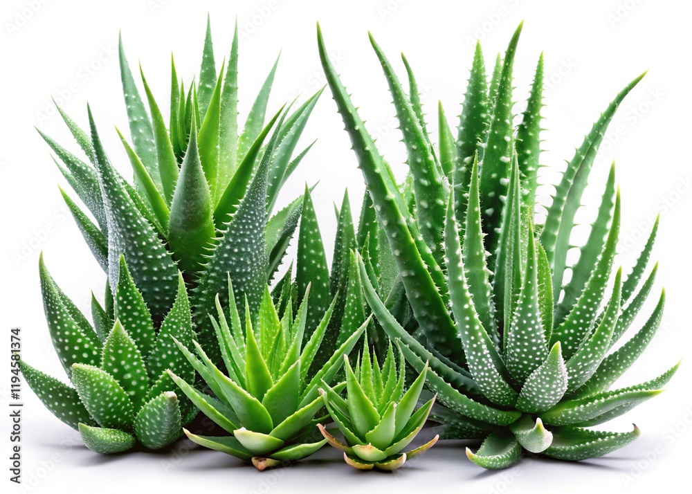 Lush Aloe Vera Plants Isolated on White Background - Stock Photo