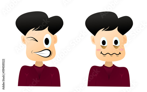 Set of different boy emotions in cartoon style. Vector illustration of different boy facial expressions: thoughtful, angry, sleepy, happy, smiling, crying, isolated on white background.