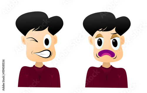 Set of different boy emotions in cartoon style. Vector illustration of different boy facial expressions: thoughtful, angry, sleepy, happy, smiling, crying, isolated on white background.