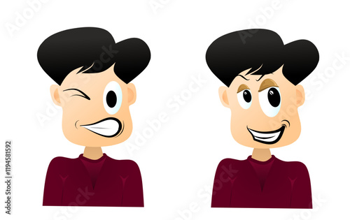 Set of different boy emotions in cartoon style. Vector illustration of different boy facial expressions: thoughtful, angry, sleepy, happy, smiling, crying, isolated on white background.