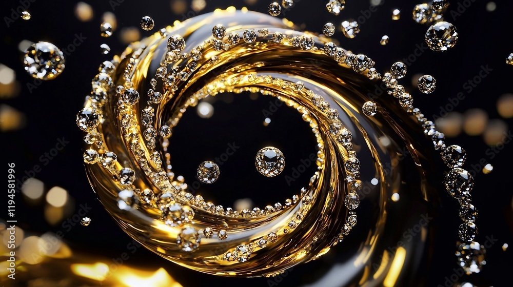 A mesmerizing golden swirl with sparkling glitter drops on a black background. Abstract luxury concept, ideal for elegant and festive designs A mesmerizing golden swirl with sparkling glitter drops on a black background. Abstract luxury concept, ideal for elegant and festive designs
