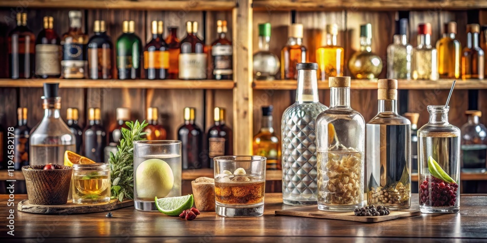 Luxurious artisanal gin bottle nestled among an assortment of premium spirits on a wooden shelf, sophisticated decor, luxury gin Luxurious artisanal gin bottle nestled among an assortment of premium spirits on a wooden shelf, sophisticated decor, luxury gin