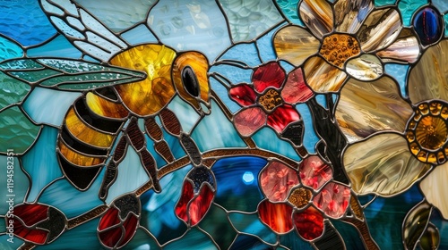 Obraz na płótnie Colorful stained glass window bee, detail of stained glass window w salonie