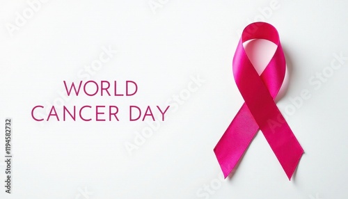 A clean and minimalist World Cancer Day banner with a bright white background and a bold pink cancer ribbon. photo